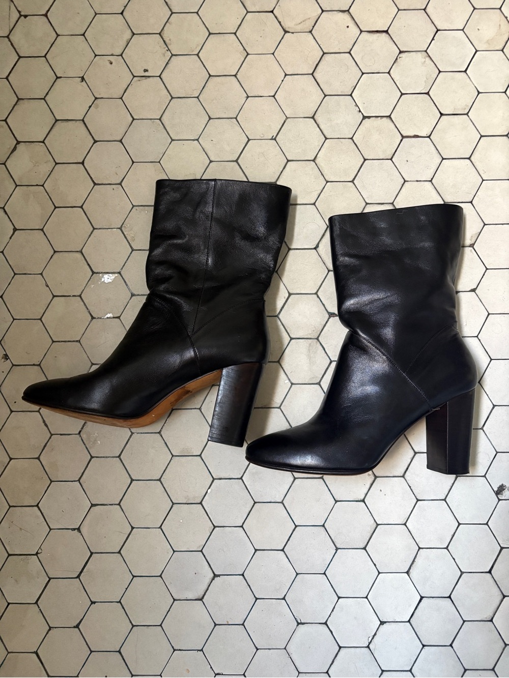 No. 6 Black Leather Mid-Calf Chunky Heel Boots - Picture 2 of 10